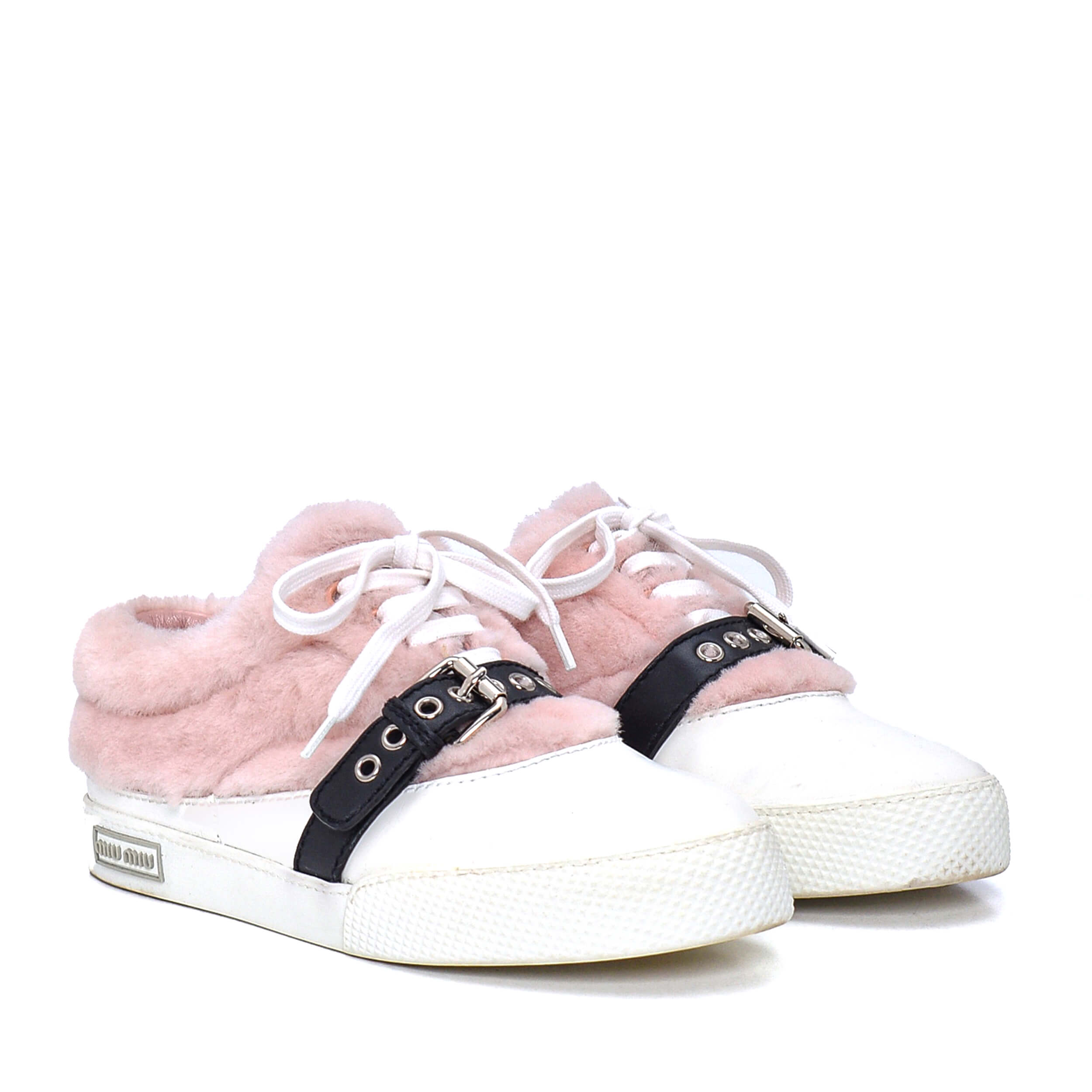 Miu Miu - White Leather Pink Fur Sneakers